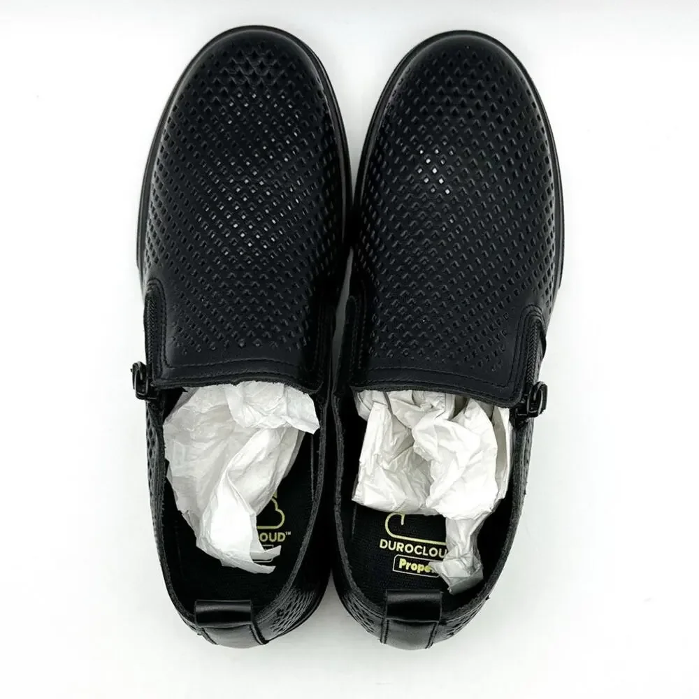 Propet Womens Kate Casual Sneaker Size 7.5 Black Perforated Leather Slip-On NWOB